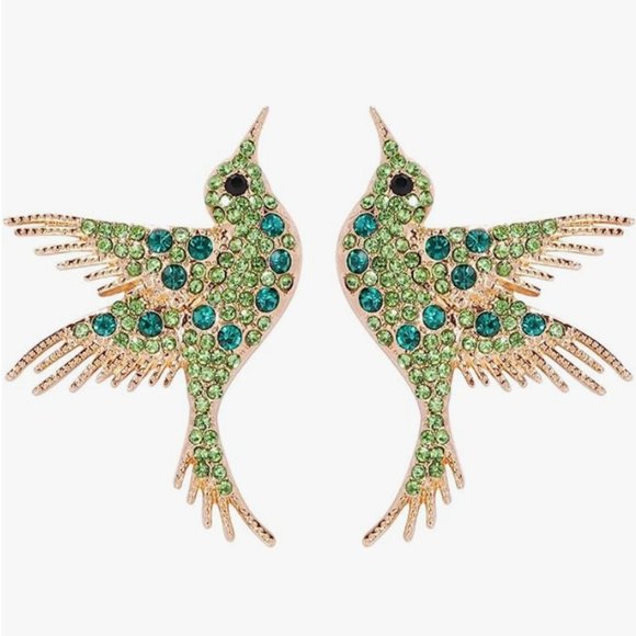 Green Rhinestone Bird Earrings Gold Hummingbird CZ Pave Crystal Birds Post Style - Picture 4 of 9